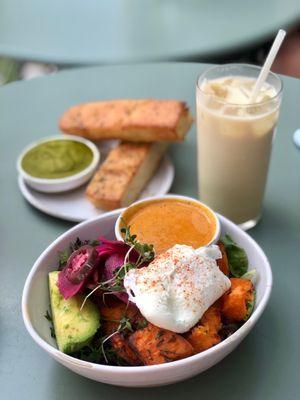 Front: Brunch Bowl  Back left: focaccia and pesto