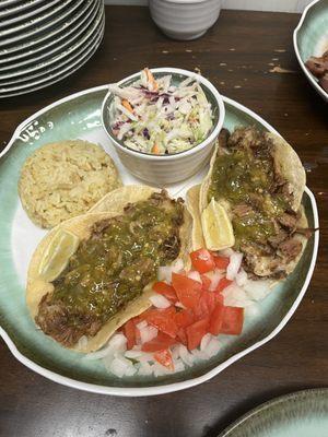 Carnitas tacos in green salsa.