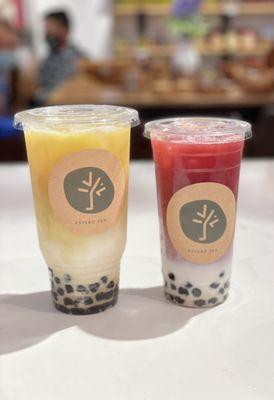 Fruit tea with boba 
Paradiso peach boba and coconut macaroon with boba