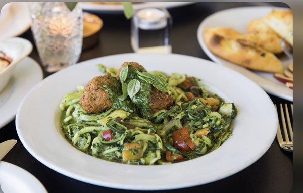 Zoodles primavera with pesto + meatballs