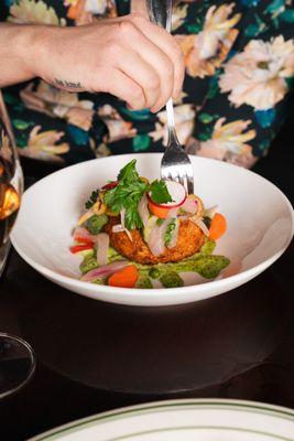 Bacalao - salt cod fritters, sofrito sauce, radish and herb salad