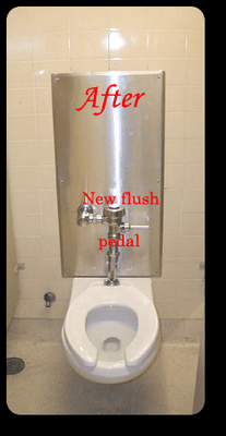 So, they retrofitted the standard flushometer flush valves, and covered the access holes in the wall with a stainless steel p...