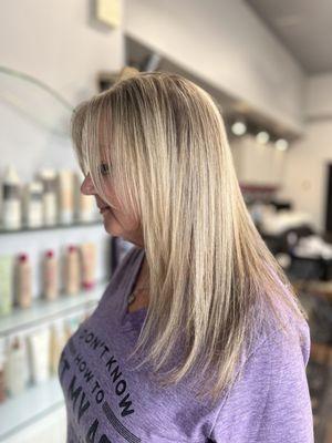 Blonde highlights and cut.