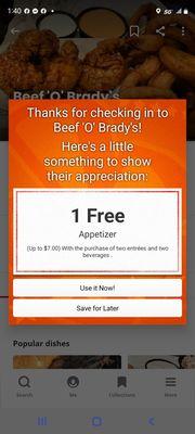 Check in for a free appetizer