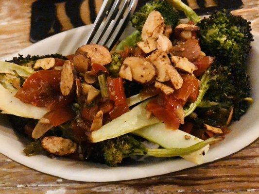 Roasted broccoli with red pepper relish and toasted slivered almonds. Daily special. Wonderful.