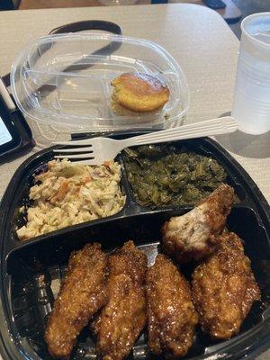 Cajun honey wings, coleslaw, and collard greens. Comes with a corn muffin.