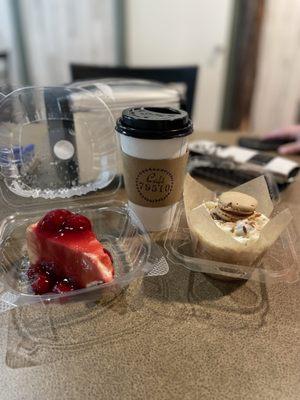 Strawberry cheesecake, coffee, and coconut cream cupcake