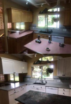 Before and after pictures from painting kitchen cabinets.