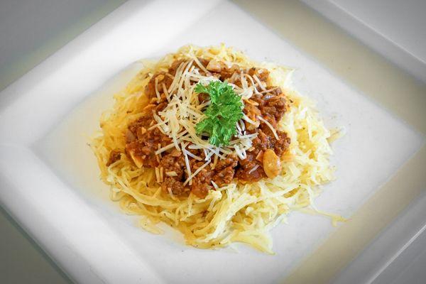 SPAGHETTI SQUASH w/ Ground Sirloin Squash, Coconut Oil, Salt, Pepper, Cinnamon, Olive Oil Cooking Spray, Ground Sirloin, Onion, Tomato Sauc