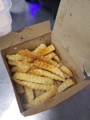 $3.50 for seasoned fries.  About 15 fries in the box