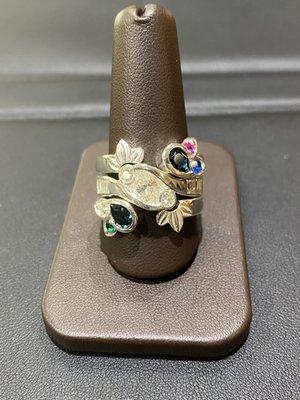 Completed custom ring. Set with diamonds and gemstones