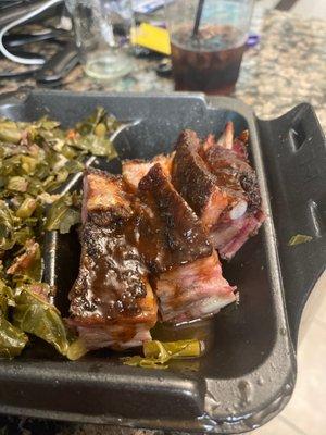 Rib plate with collard greens.