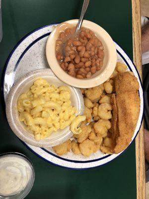 Flounder shrimp mac and cheese with baked beans.