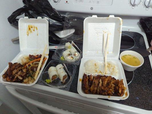 Teriyaki, Mongolian beef, Philadelphia roll, spicy tuna, miso soup!