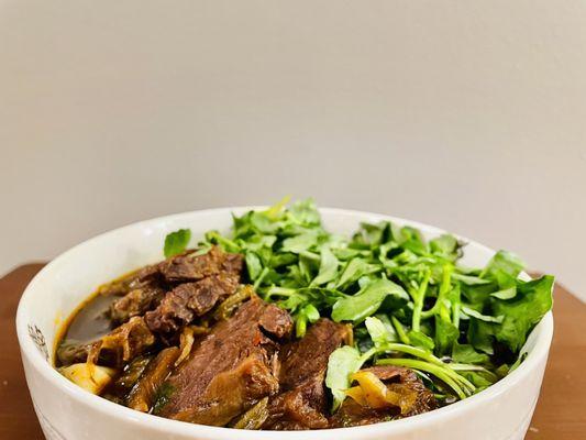 Beef Noodle Soup - beef steak, water cress