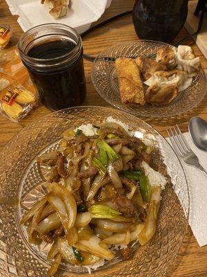 Mongolian beef, potstickers & egg roll.