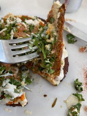 Falafel tostada. The tostada is made of falafel