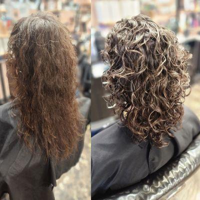 Before and after curl cut and styling