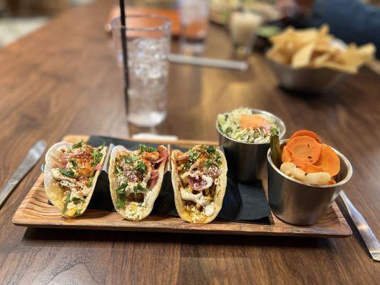 Verde Veggie tacos with jicama jalapeño slaw and pickled vegetables