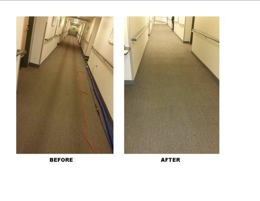 Before & After-hallway photo of an office building we clean.