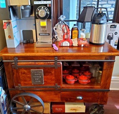 Coffee/espresso cart, complete with Le Creuset. It's just like home!