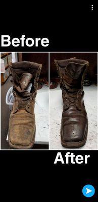 This is a boot before and after Musso  Shoe Repair polished it