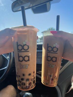 Mocha boba with mango popping pearls /tapioca pearls and classic milk tea with strawberry popping pearls/tapioca pearls