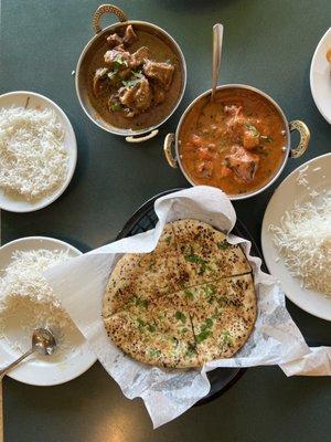 Garlic naan, chicken tikka masala, and Mutton Karahi (Goat Curry)