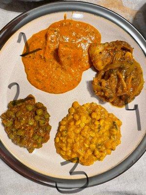 1. Chicken Tikka Masala Curry 2. Mutter Paneer 3. Dal Makhni/Dal tadka 4. Chicken kadhai