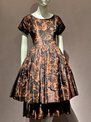 1959 Cocktail Dress by Norman Norell (USA) - Brown & Rust Floral Warp Print Silk - The Museum at the Fashion Institute of Technology