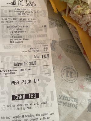 BBQ Ranch Chicken Wrap order was placed in the app but it was mistakenly made on white bread. 10/30/2023