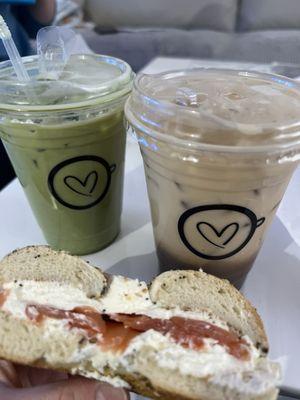 Iced lavendar matcha and Iced brown shaken oat milk espresso