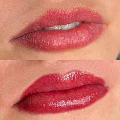 Top photo is 8 weeks healed lip blush tattoo, bottom photo is immediately after touchup.