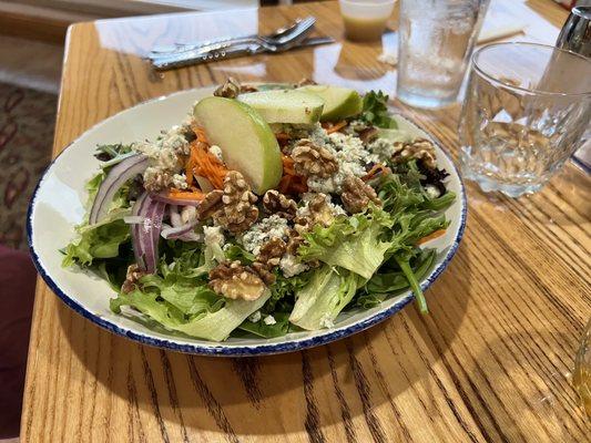 Salad with fresh greens and walnuts, blue cheese too, if you please.