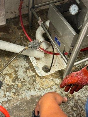 Unclog a floor sink that was backed up in a commercial restaurant