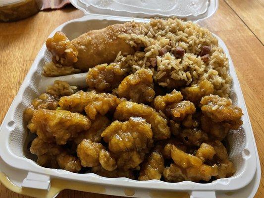 General Tso Chicken with egg roll and fried rice.