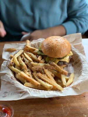 Classic Smash Burger with Gluten free bun and truffle fries!