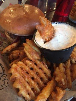 blueberry burger (very spicy) w waffle fries and the best sour cream sauce