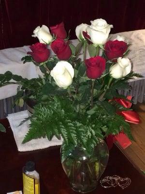 These were the flower I paid $76.26 for Valentine's Day for my mom. My grocery store flowers look much better!