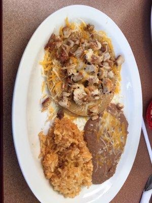 Chicken tacos, beans, and rice