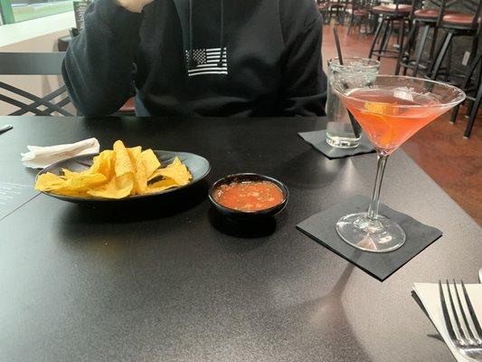 Fresh Chips and real salsa.
 The cosmopolitan was a bit watery, but, I should have had a margarita.