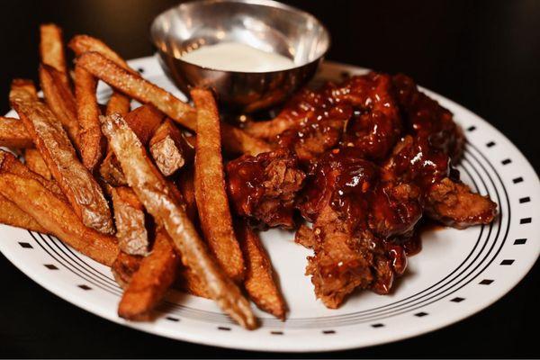 Honey Barbecue Chicken Strips with fresh cut fries. Yumm!