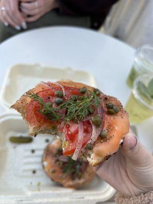 Smoked salmon on burnt everything bagel