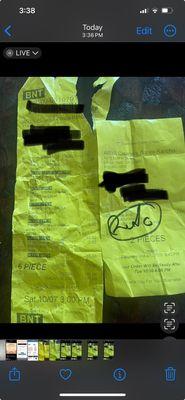 Original receipt and "paid" ticket or stub