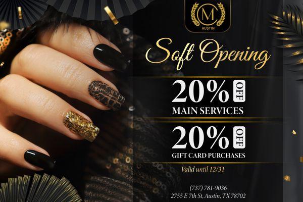 MILANO NAIL SPA ATX SOFT OPENING HAS EXTENDED TO DECEMBER 31!! Come in the month of December and get 20% OFF your Main Service and GIFT CARD