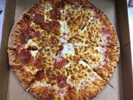 Super Cheesy Pizza! Half Cheese Half Pepperoni!