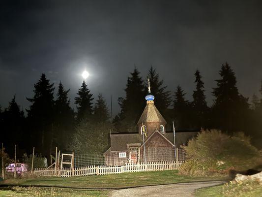 The monastery temple at night.