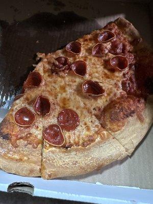 Paper thin over cooked pizza