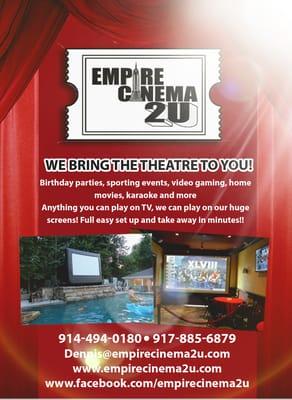 We will provide an outstanding movie experience in your yard,park,school or anywhere you choose. Give us a call today