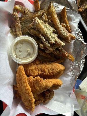 Chicken tenders with garlic Parm fries